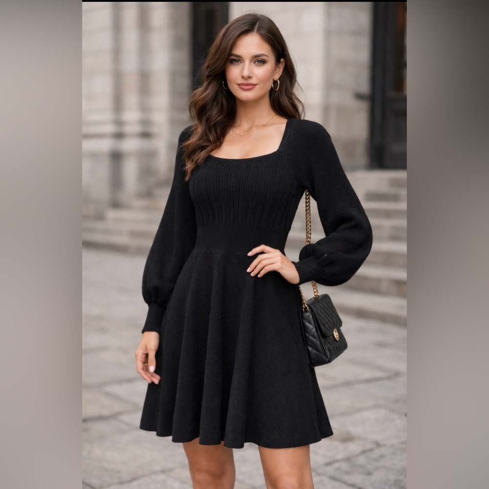 PINKO Black Knit Fit & Flare Dress Square Neck Balloon Sleeves Size Small NWT